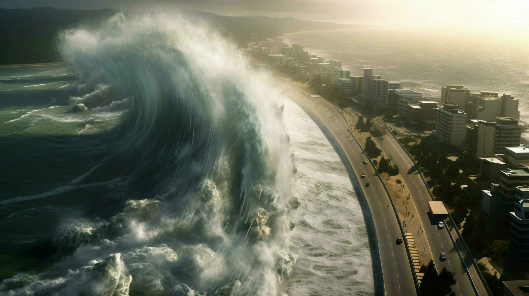 tsunami waves crash against tall seawall protecti photo