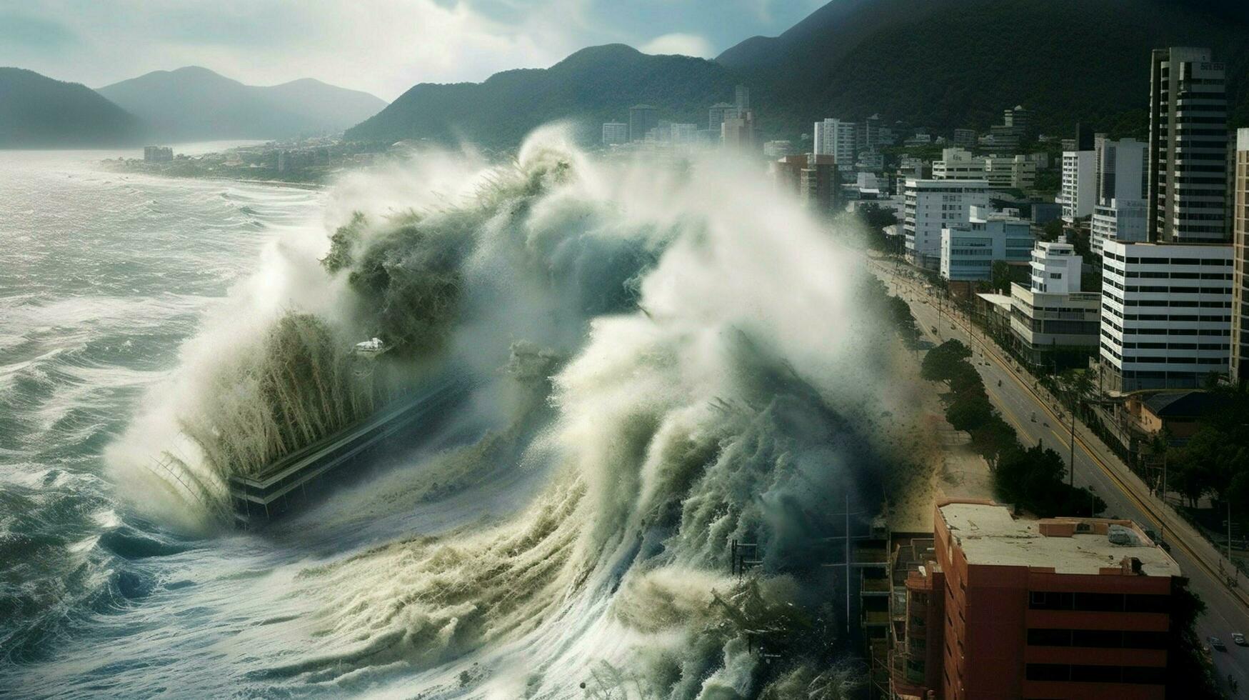 tsunami waves crash against tall seawall protecti photo