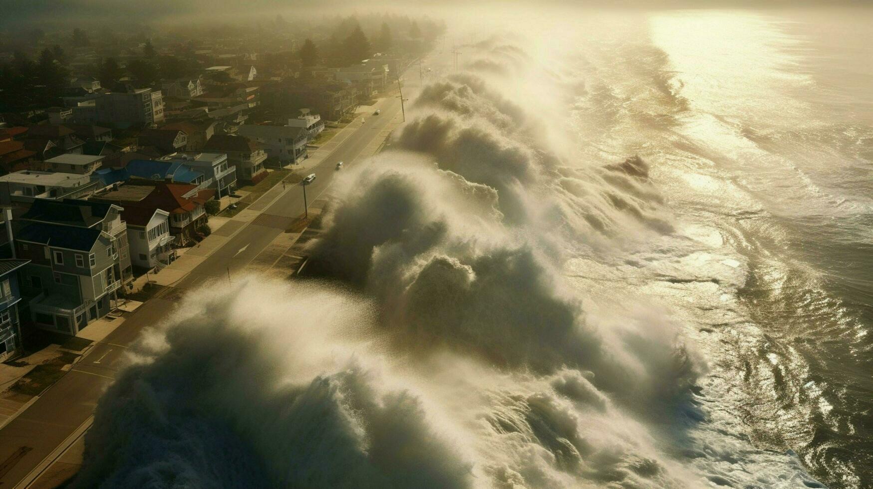 tsunami waves crash onto shore and breach coastal photo