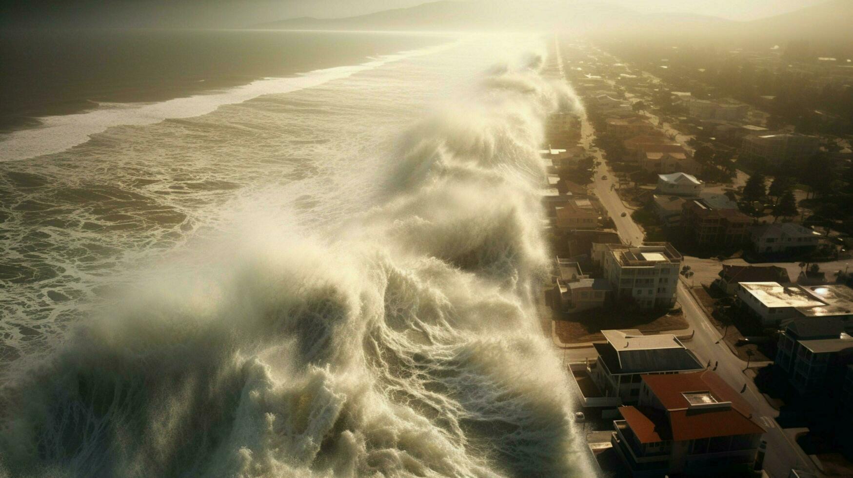 tsunami waves crash onto shore and breach coastal photo