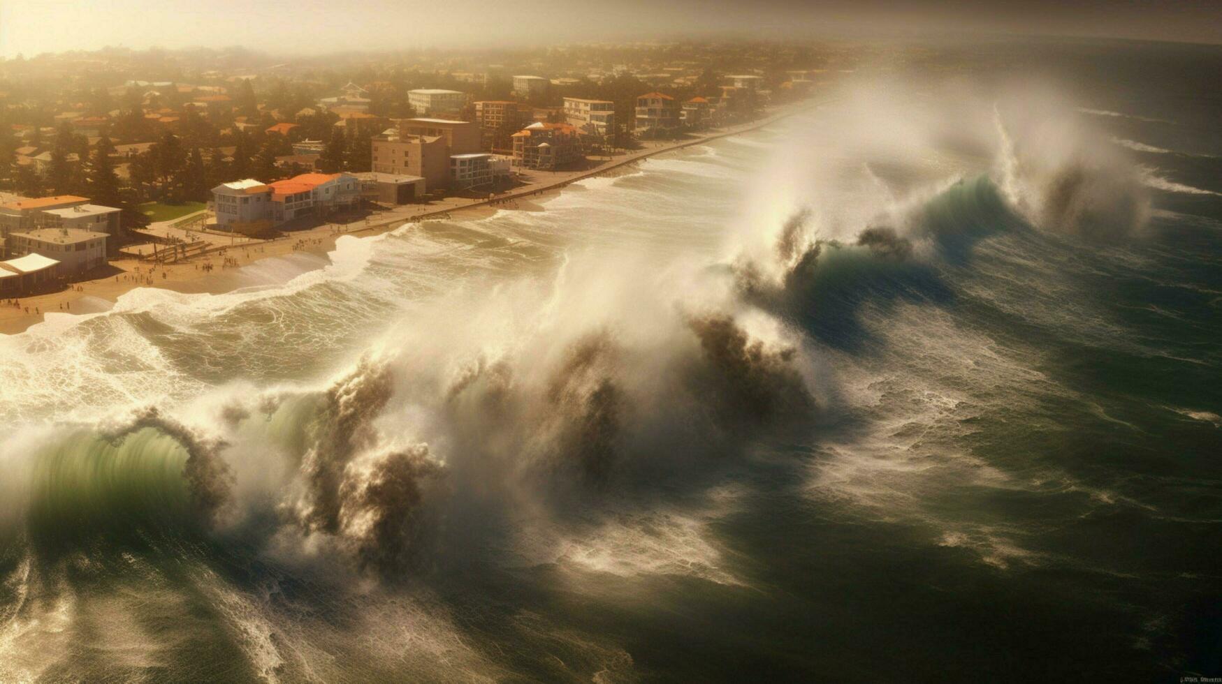 tsunami waves crash onto shore and breach coastal photo