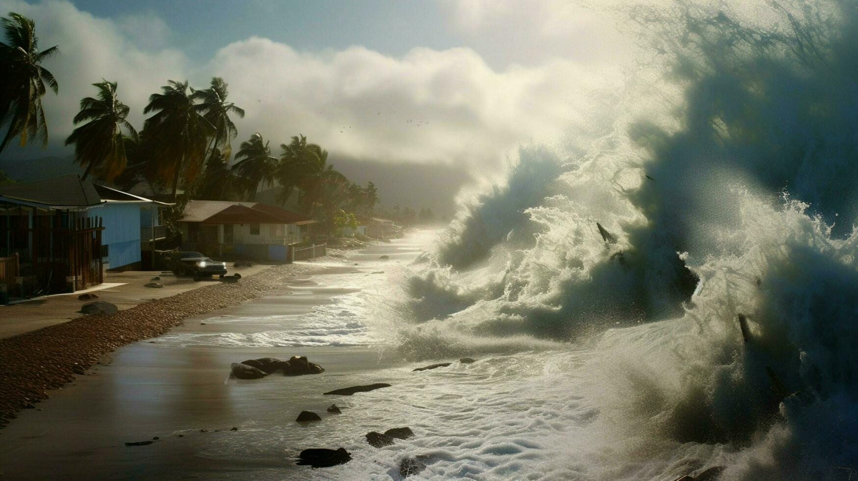 tsunami waves crash onto shore and breach coastal photo