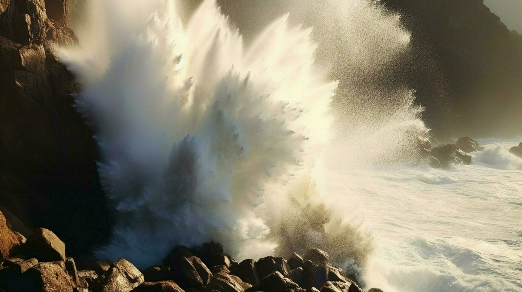 tsunami waves crashing against coastal cliff with photo