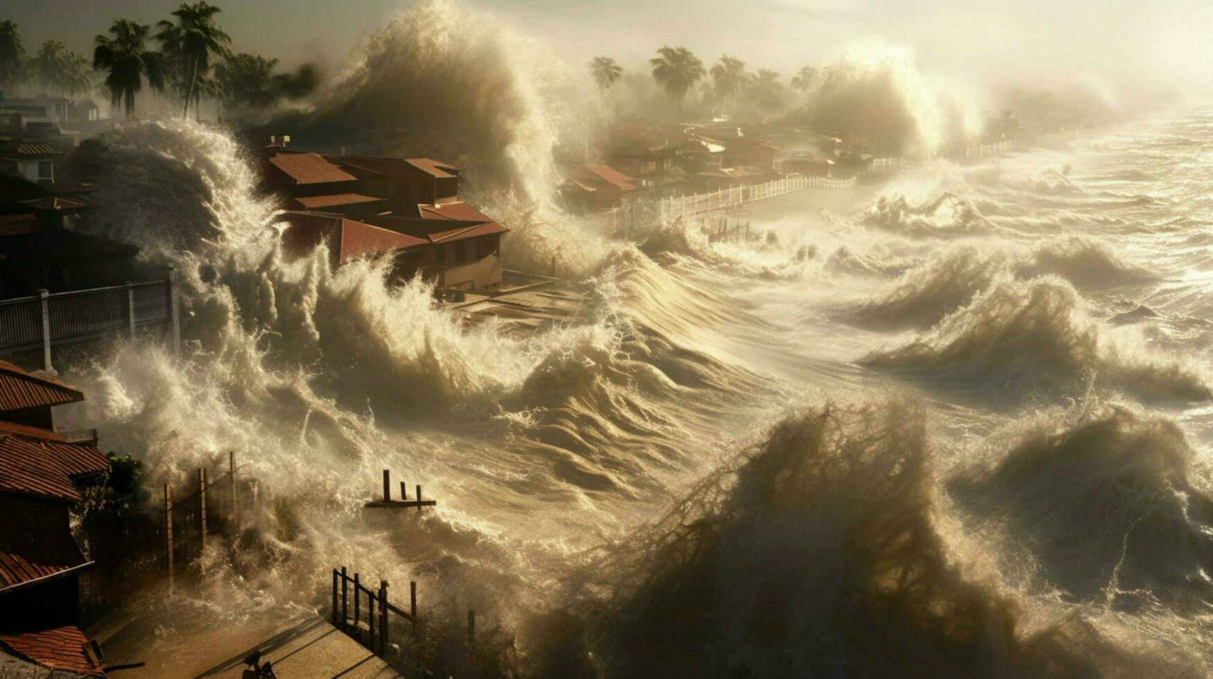 tsunami waves crash onto shore and breach coastal photo
