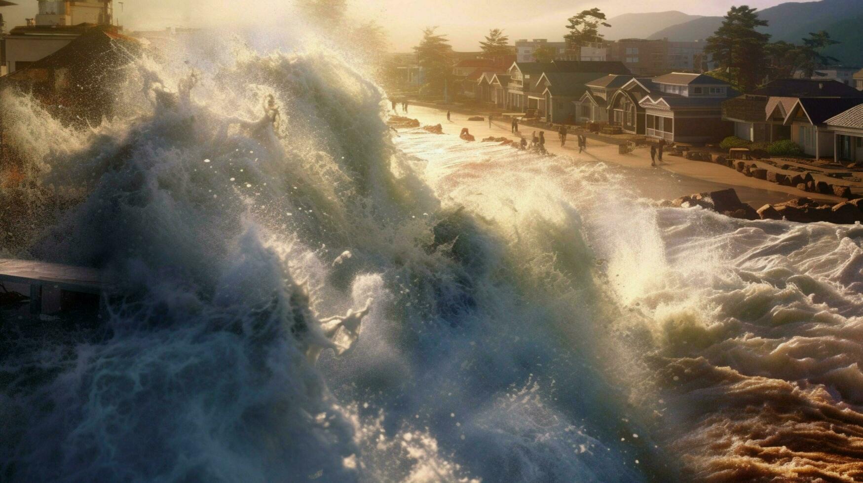 tsunami waves crash onto shore and breach coastal photo