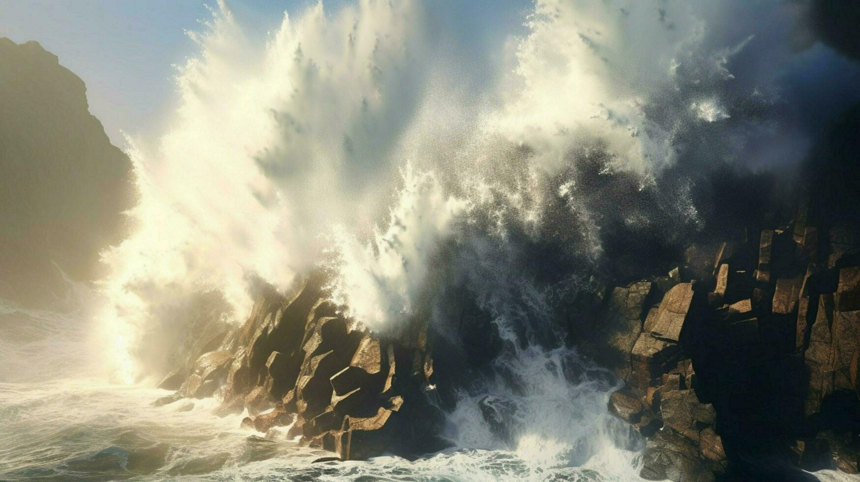 tsunami waves crashing against coastal cliff with photo