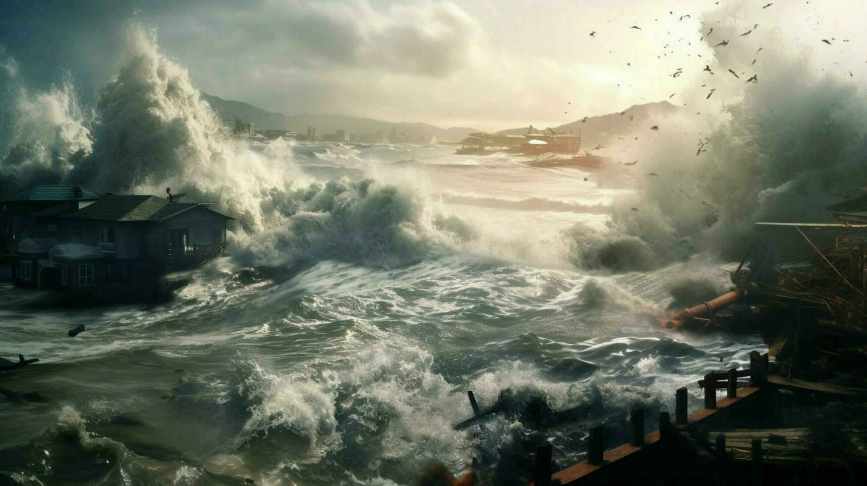 tsunami waves crashing against the shore sending photo