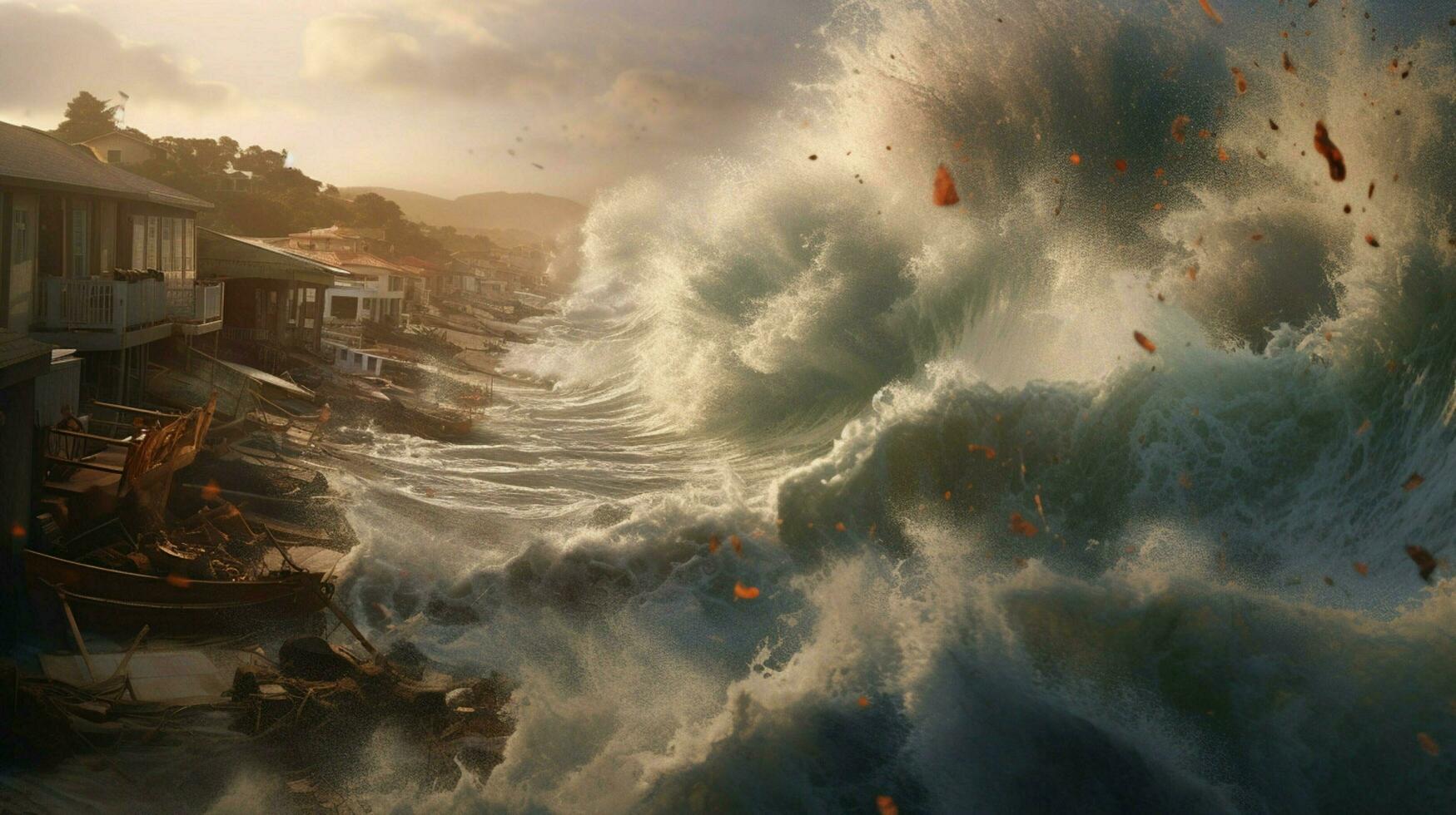 tsunami waves crashing against the shore sending photo