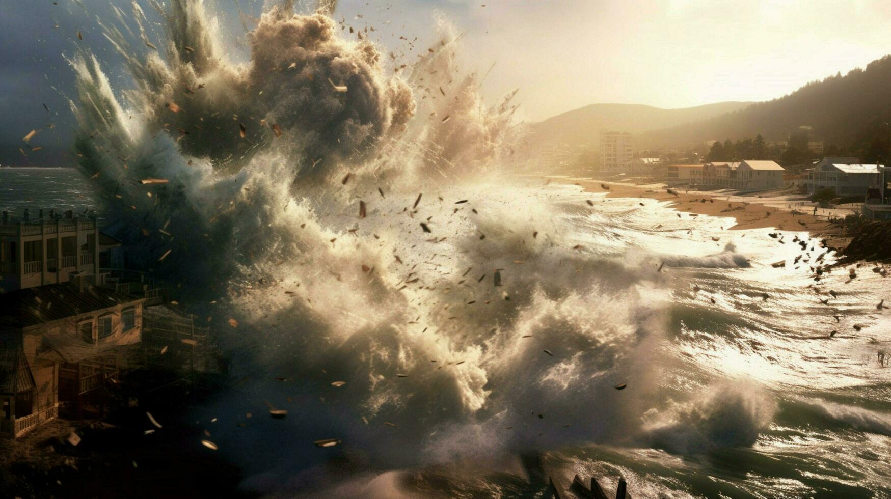 tsunami waves crashing against the shore sending photo