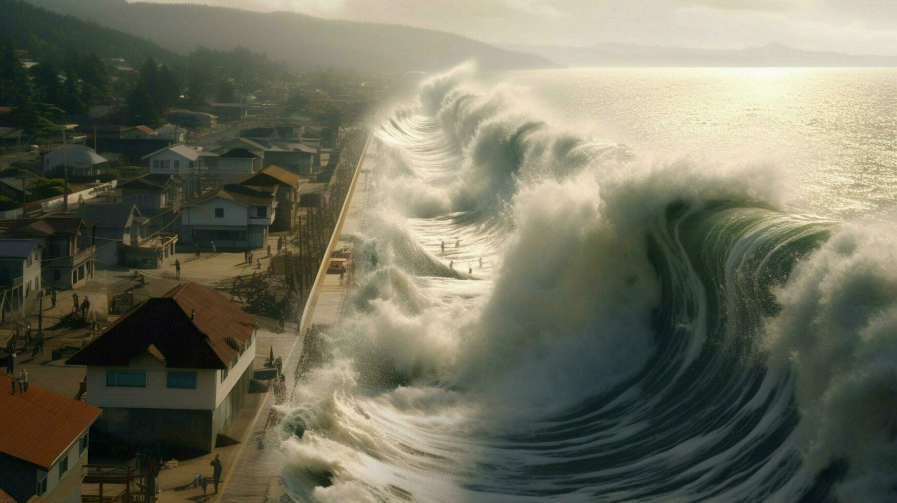 tsunami waves crashing over seawalls and dikes in photo