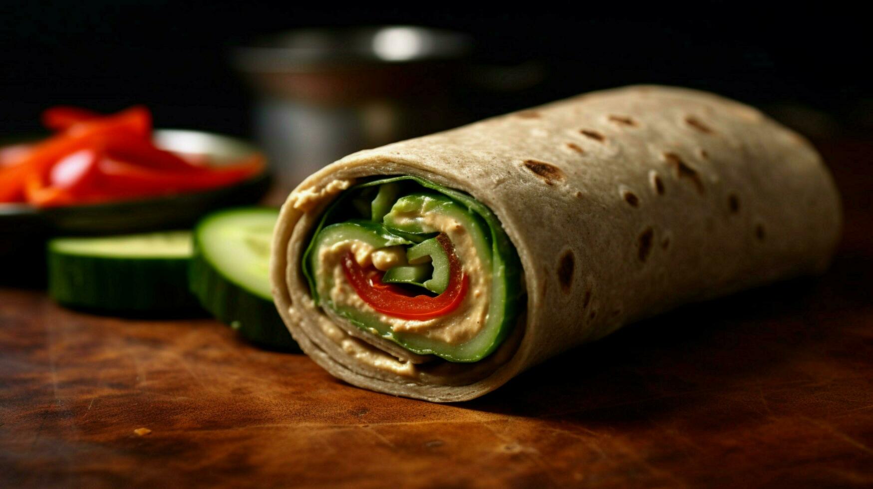 vegan wrap with hummus cucumber and red pepper on photo
