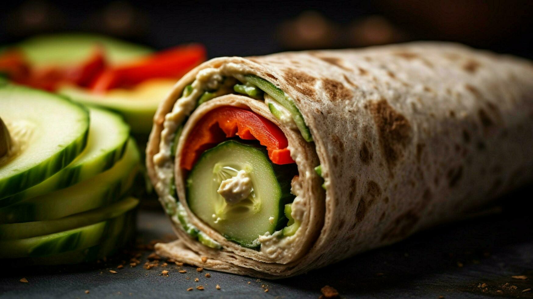 vegan wrap with hummus cucumber and red pepper on photo