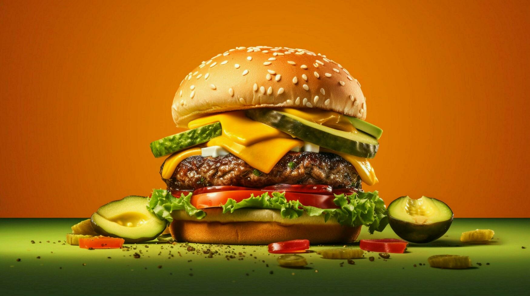 veggie burger with slice of avocado cheese and pi photo