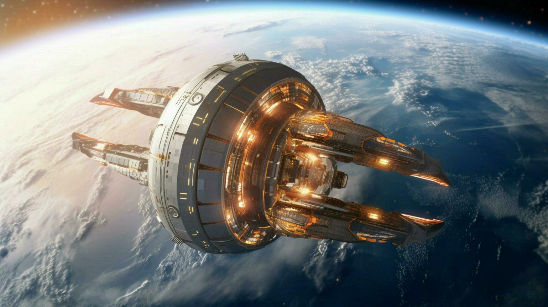 view of futuristic space station orbiting planet photo