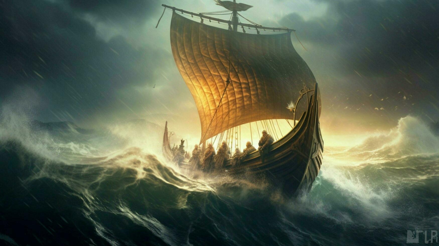 view of viking ship sailing past stormy sea with photo