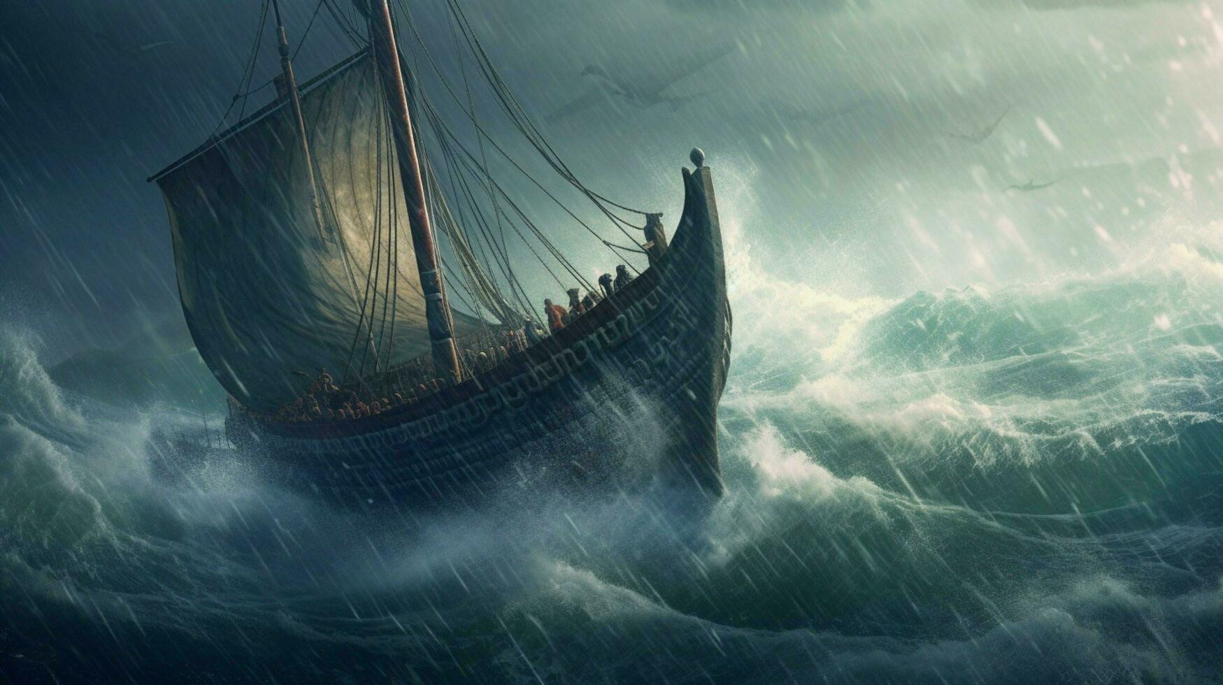 viking ship in stormy sea waves crashing against photo