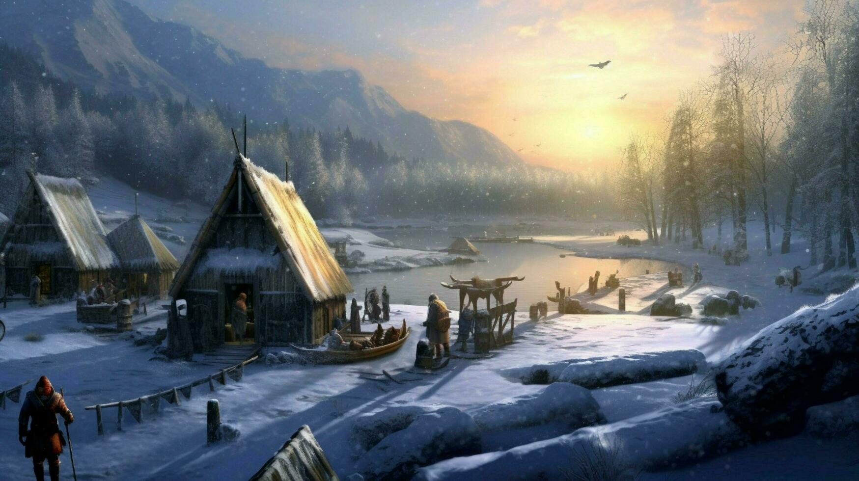 viking person snow settlement photo