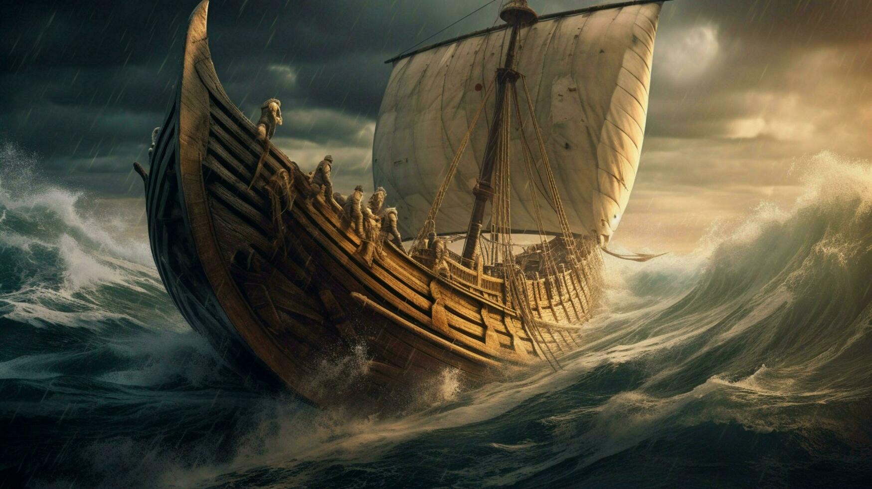 viking ship in stormy sea waves crashing against photo