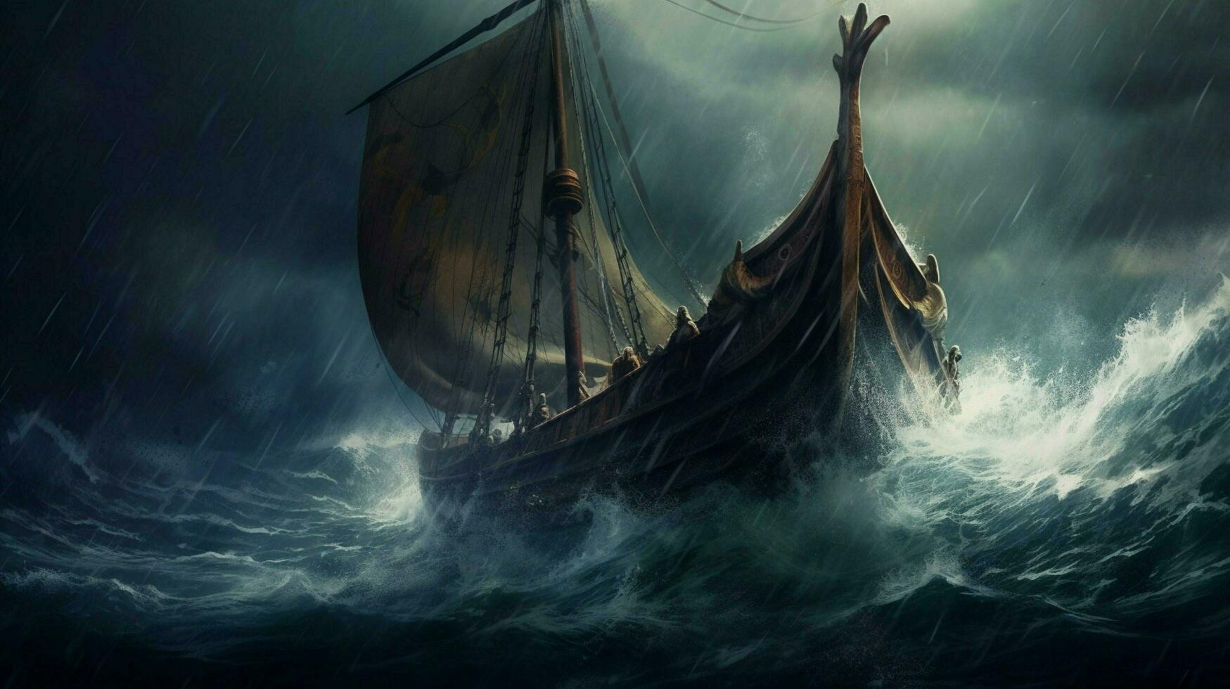 viking ship in stormy sea waves crashing against photo