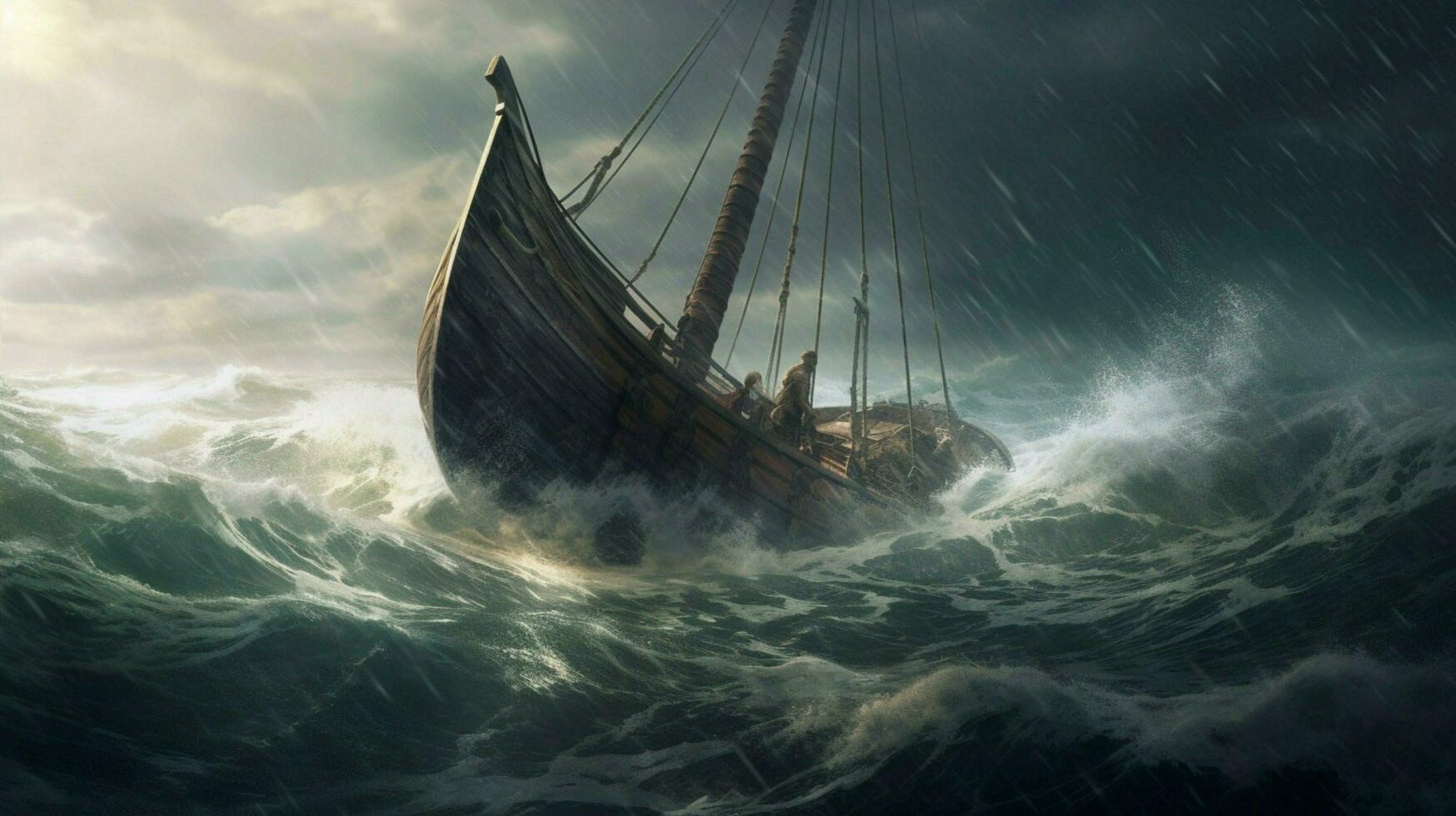 viking ship in stormy sea waves crashing against photo