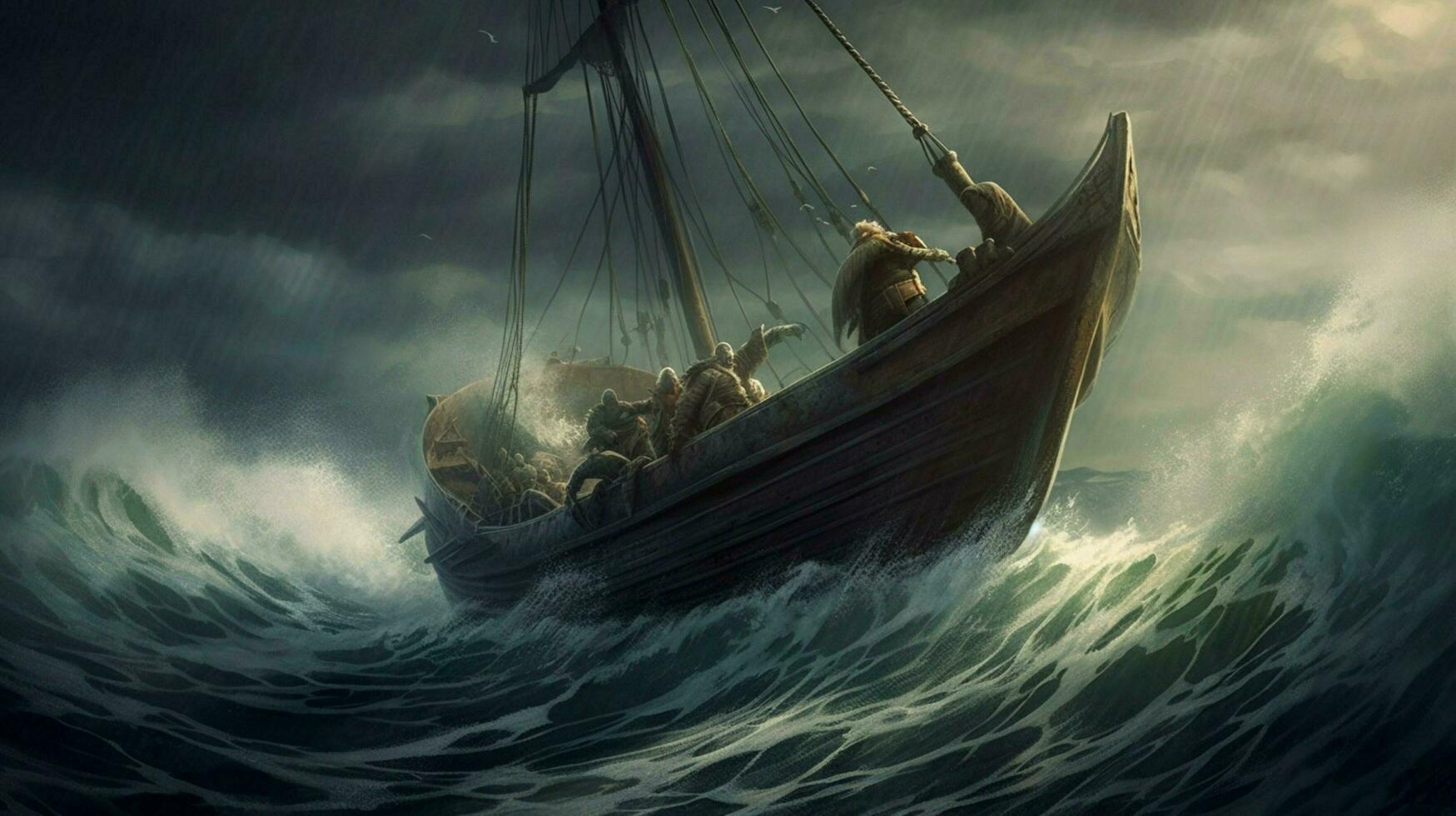 vikingo Embarcacion en Tormentoso Oceano con olas estrellarse un foto