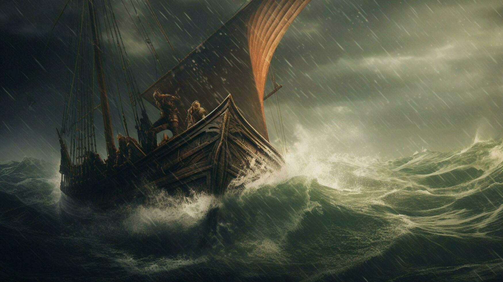 viking ship on stormy sea with waves crashing ove photo