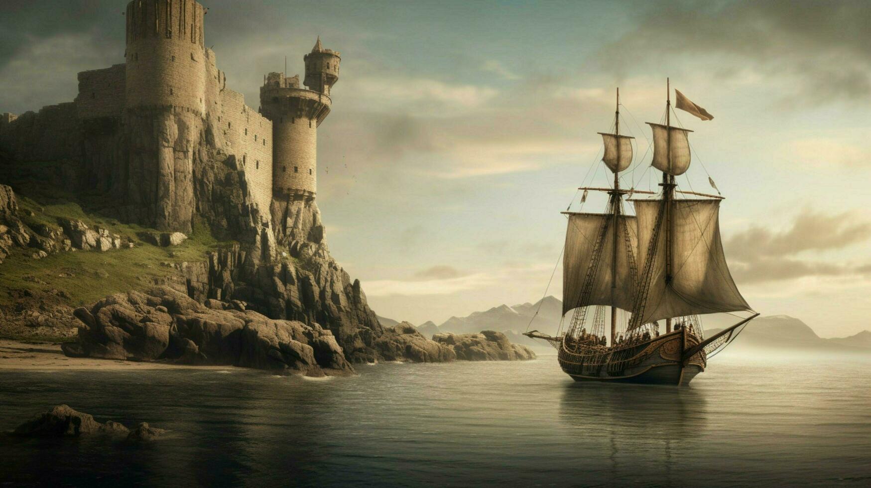 viking ship sailing past ancient castle with drag photo