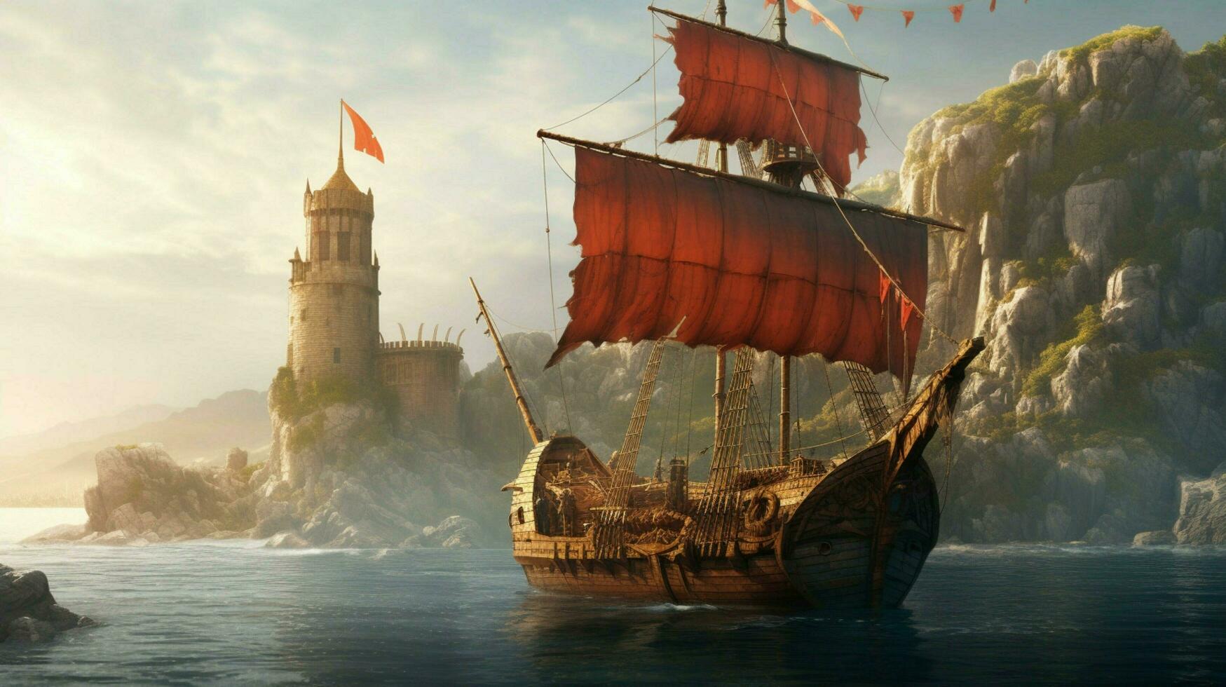 viking ship sailing past ancient castle with drag photo