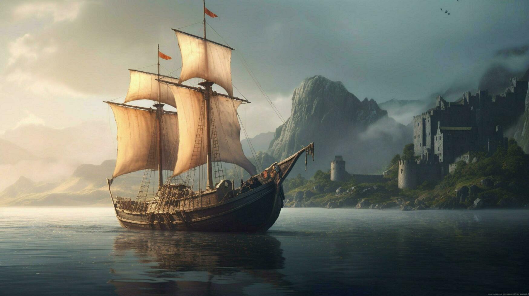 viking ship sailing past ancient castle with drag photo