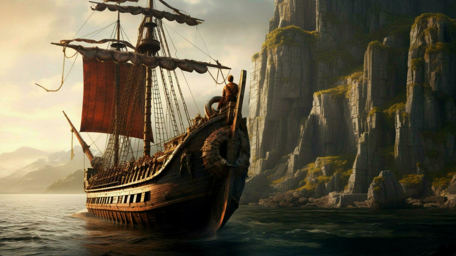 viking ship sailing past ancient castle with drag photo