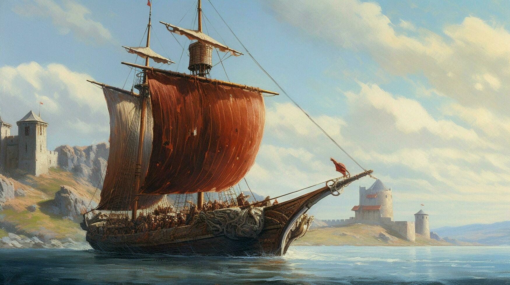 viking ship sailing past ancient castle with drag photo