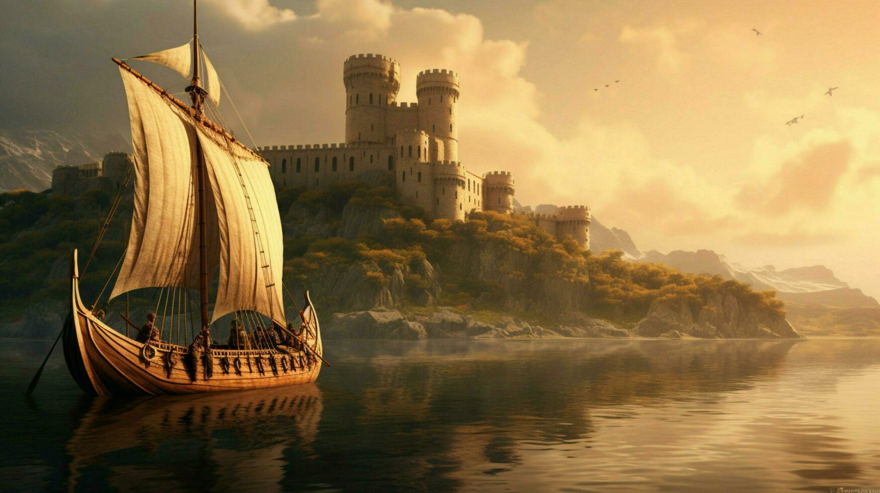 viking ship sailing past ancient castle with drag photo