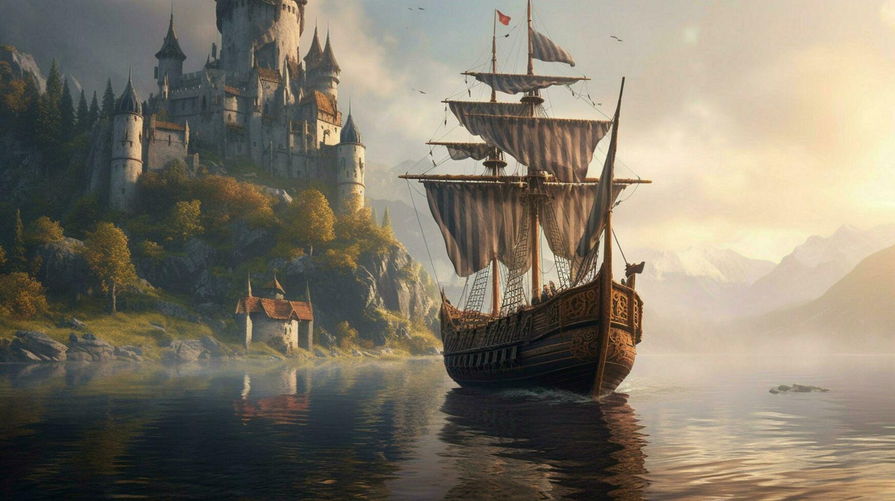 viking ship sailing past ancient castle with drag photo