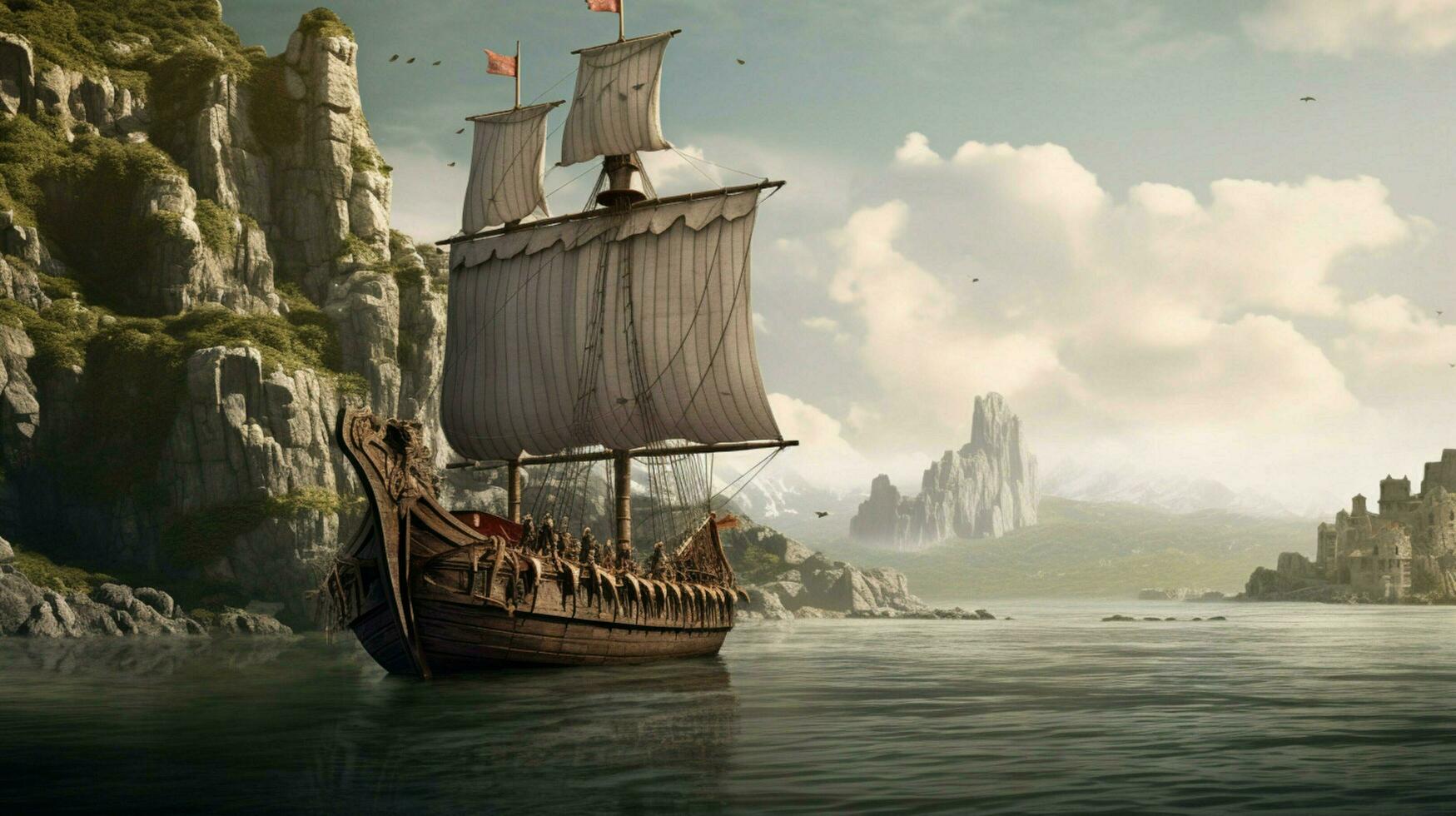 viking ship sailing past ancient castle with drag photo