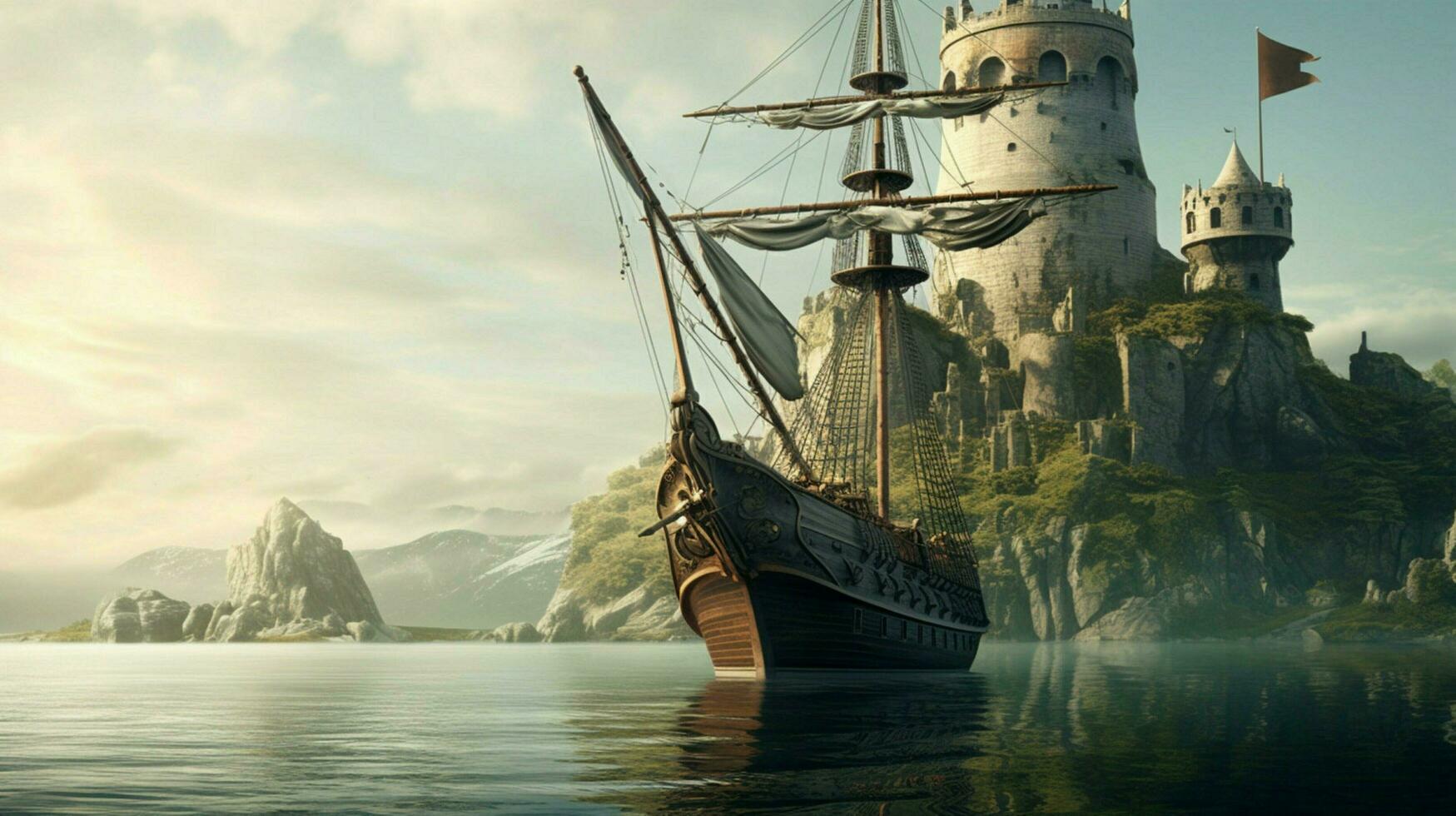 viking ship sailing past ancient castle with drag photo