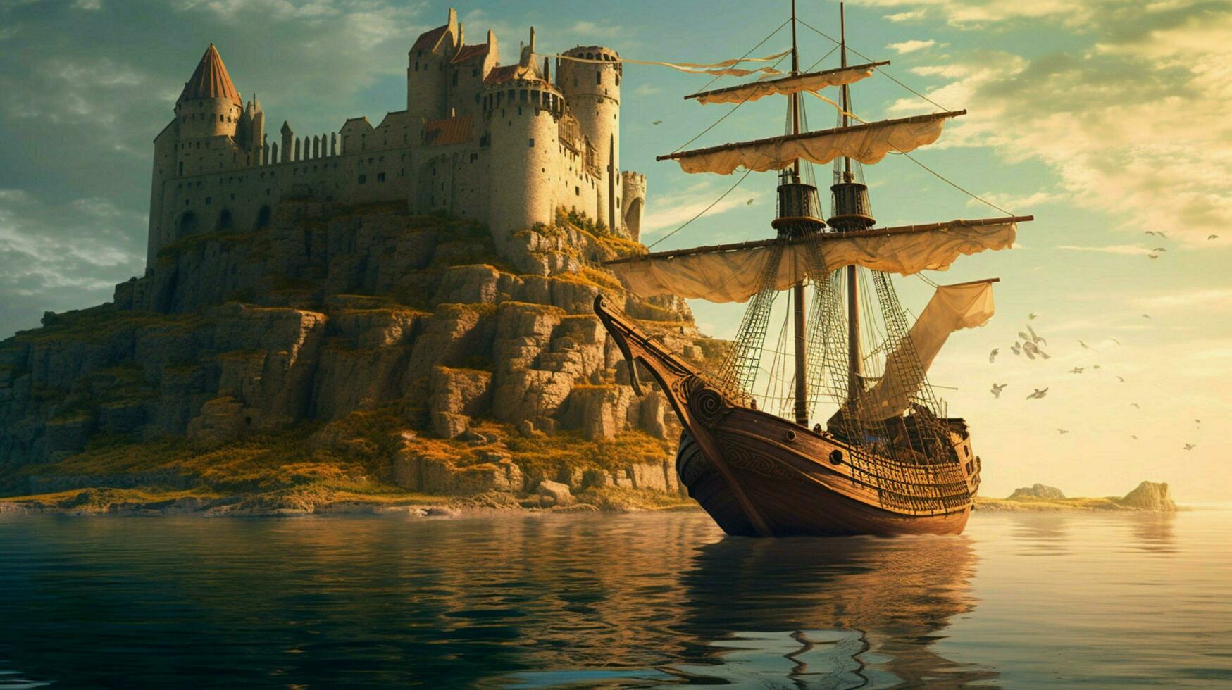 viking ship sailing past ancient castle with drag photo