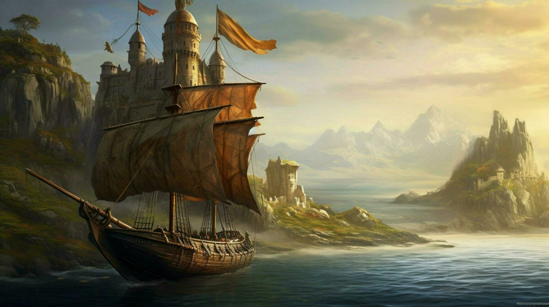 viking ship sailing past ancient castle with drag photo