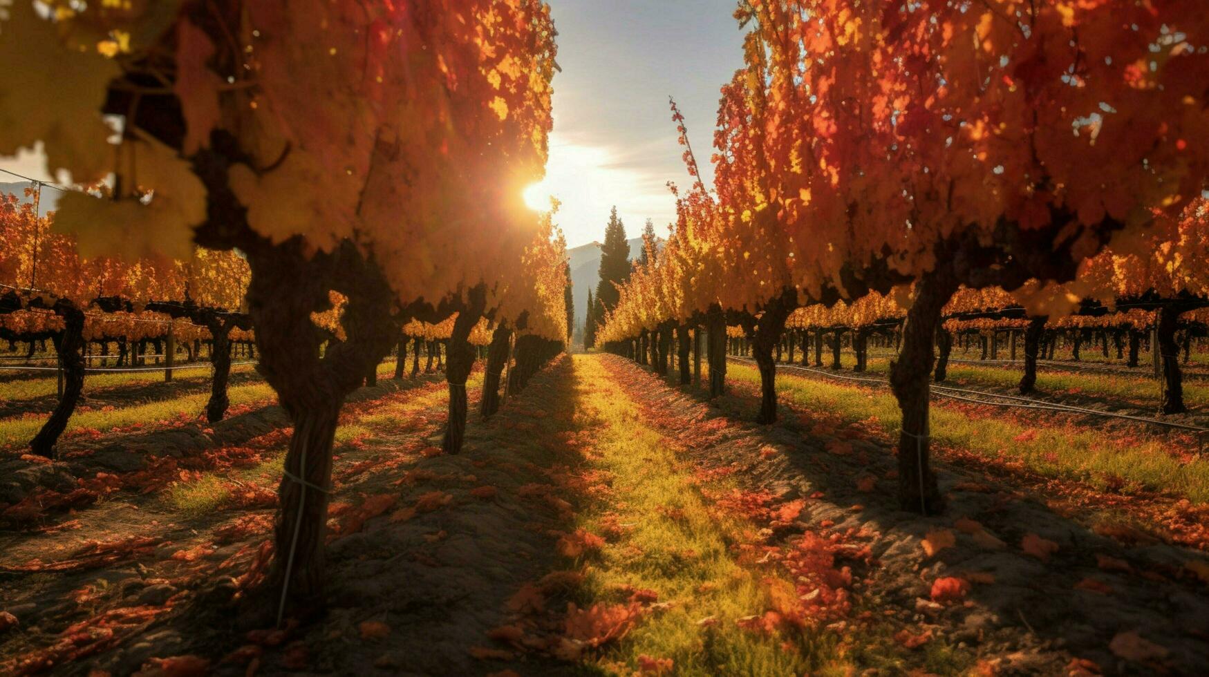 vineyard in autumn with sun shining through the c photo