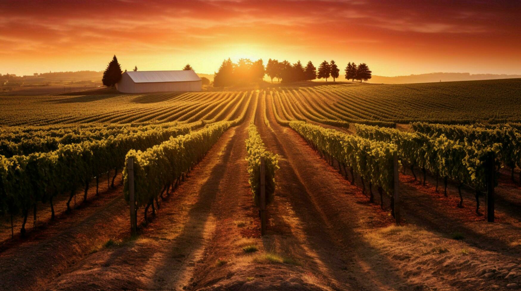 vineyard with rows of grapevines and setting sun photo