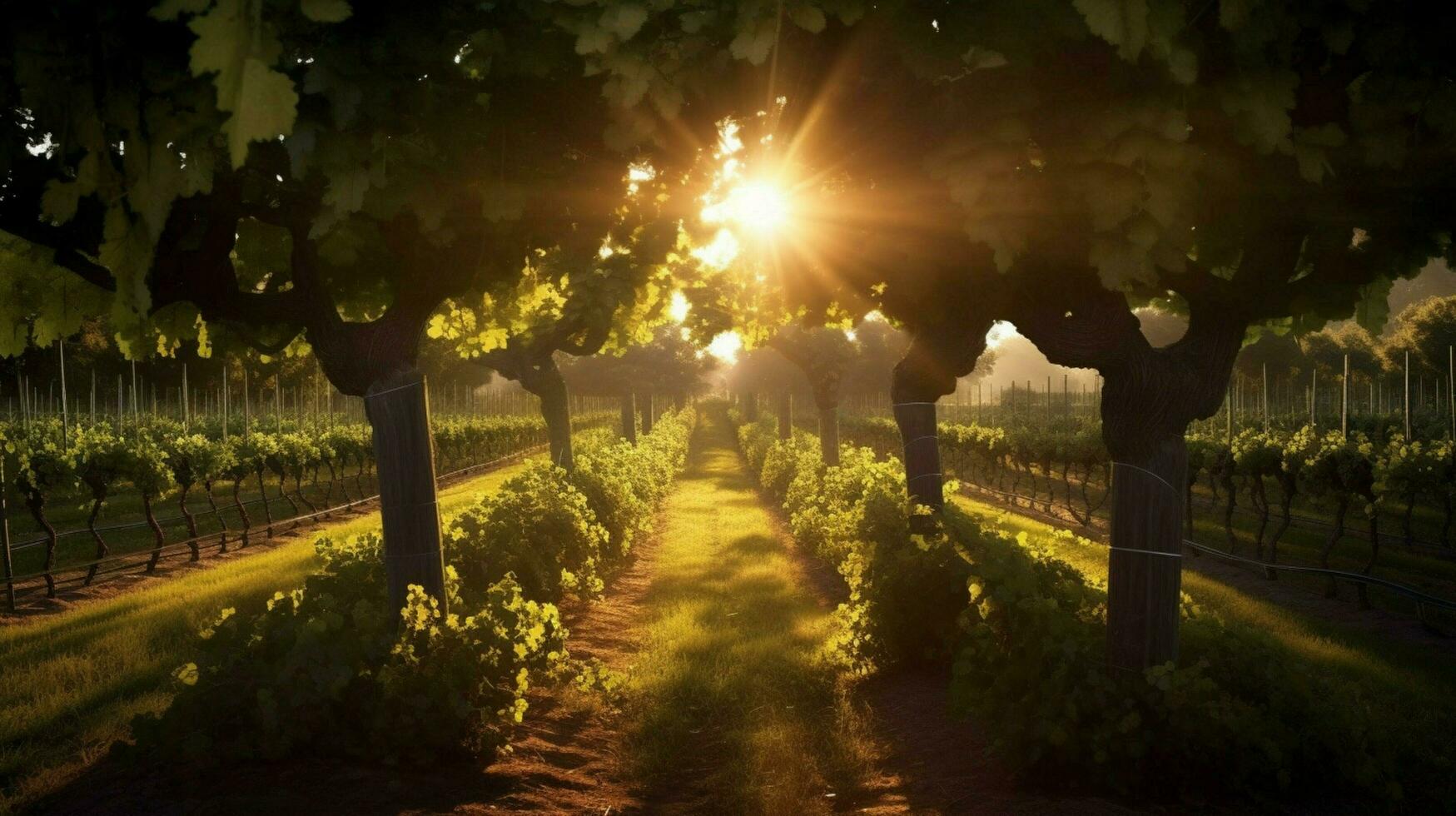 vineyard with sunbeams shining through the trees photo