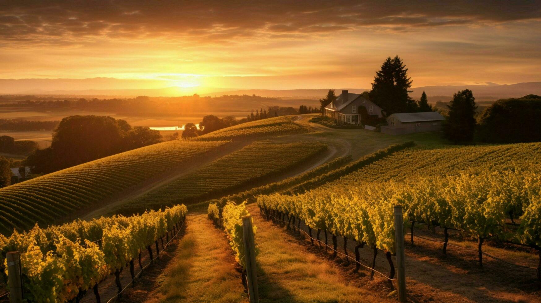 vineyard with view of the sun setting behind a vi photo