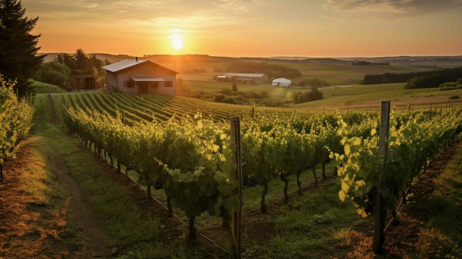 vineyard with view of the sun setting behind a vi photo