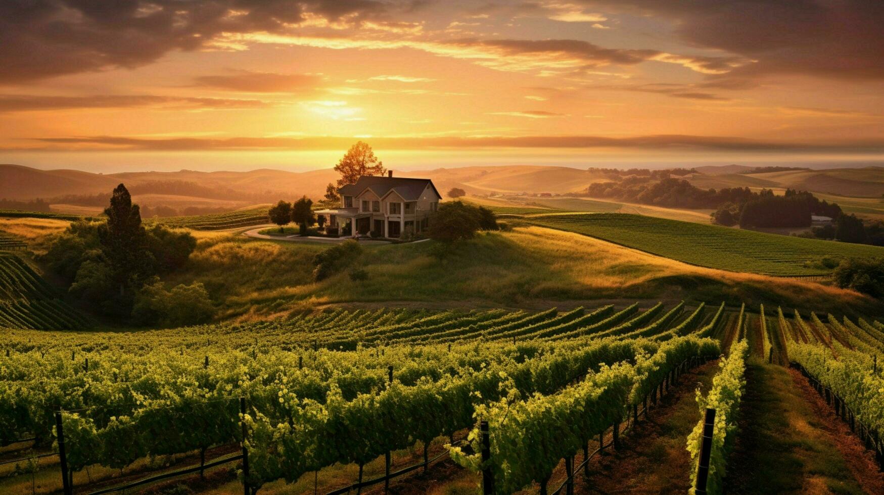 vineyard with view of the sun setting behind a vi photo