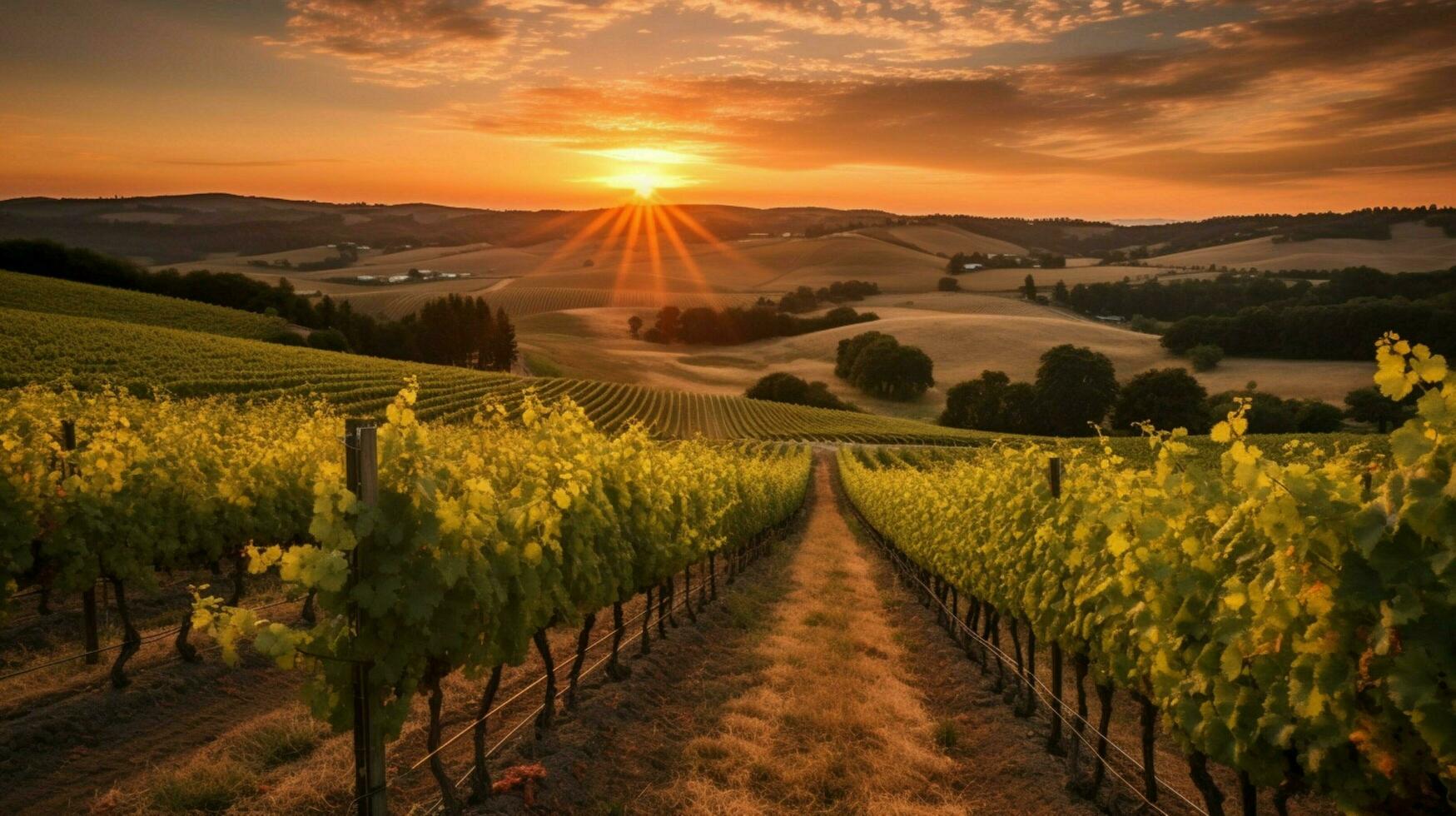 vineyard with view of the sun setting behind a vi photo