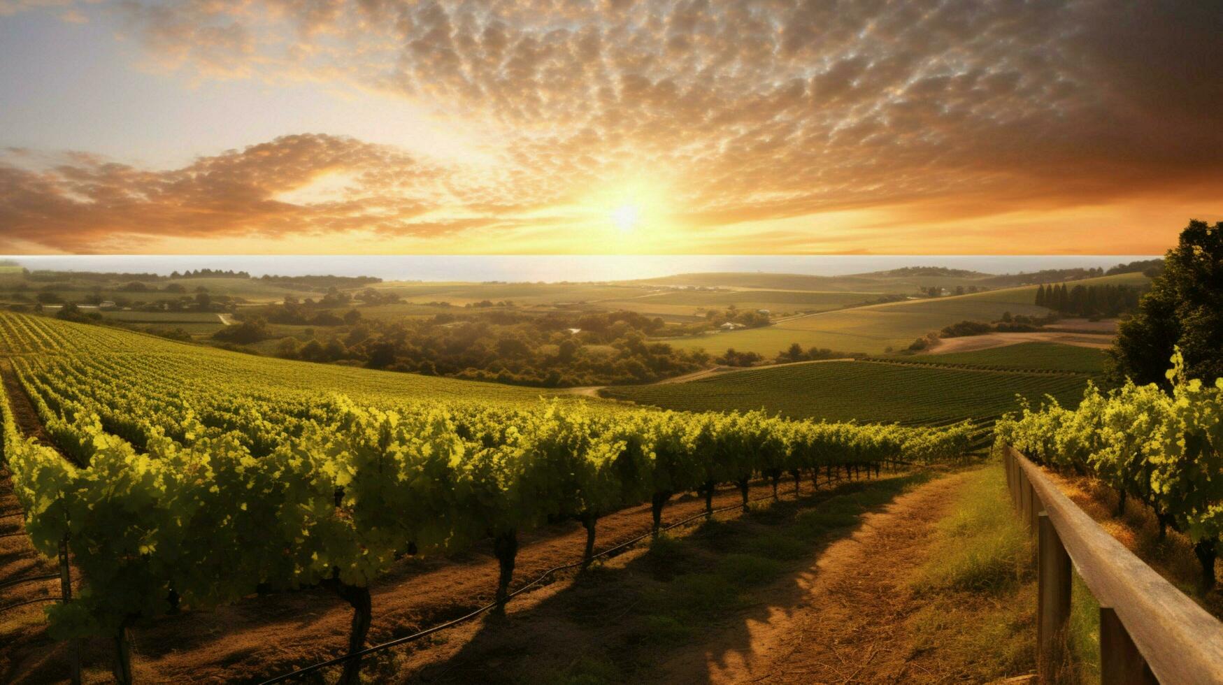 vineyard with view of the sun setting behind a vi photo