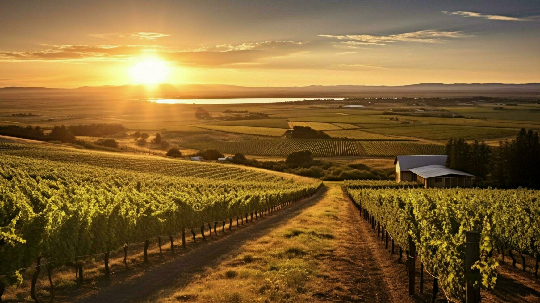 vineyard with view of the sun setting behind a vi photo