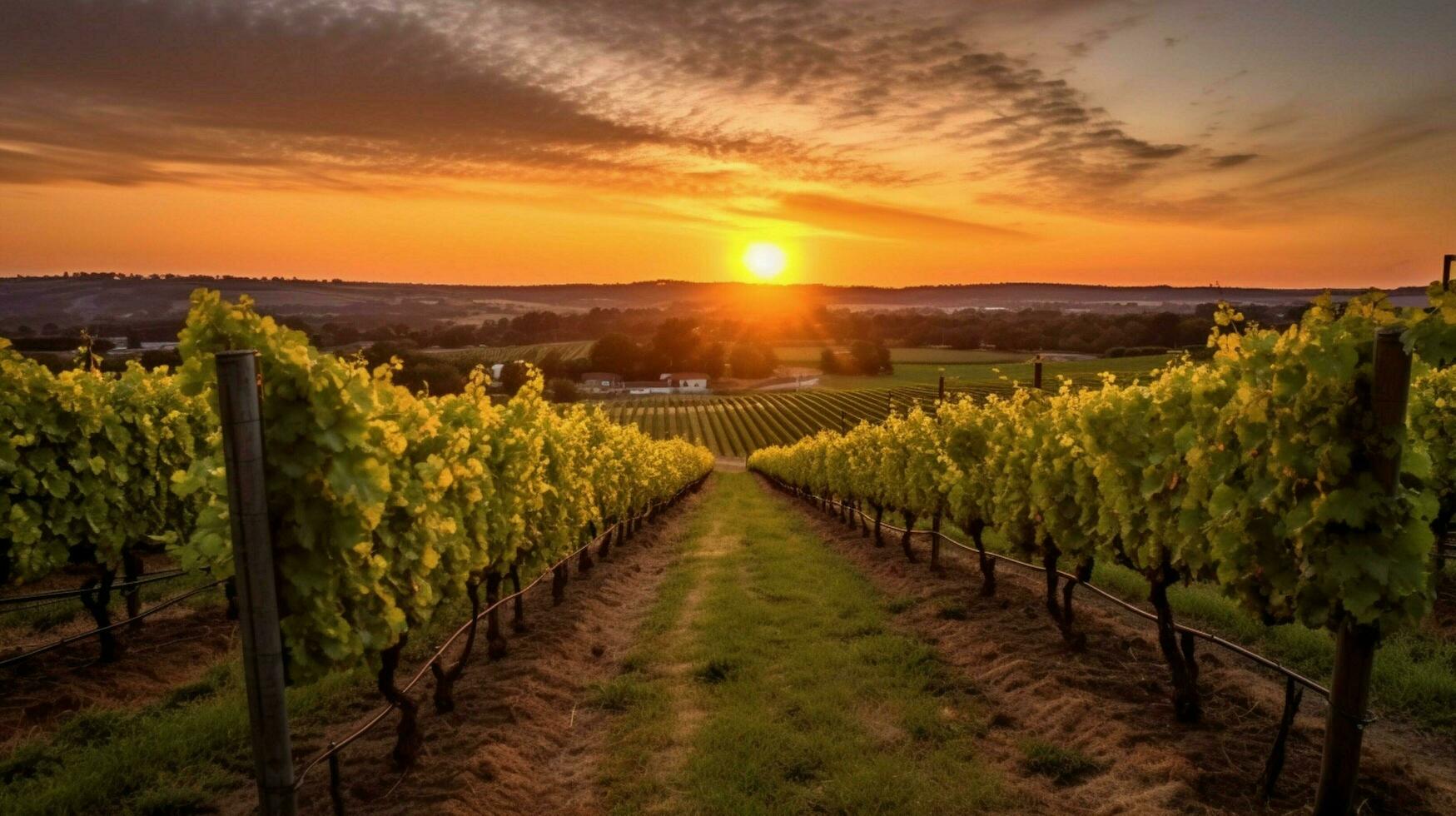 vineyard with view of the sun setting behind a vi photo