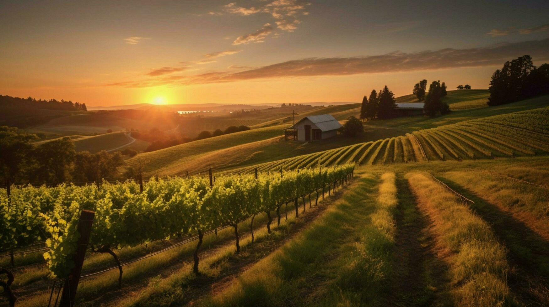 vineyard with view of the sun setting behind a vi photo