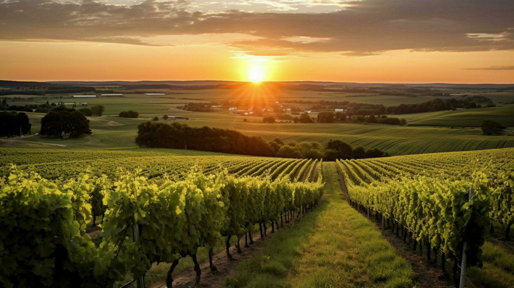 vineyard with view of the sun setting behind a vi photo