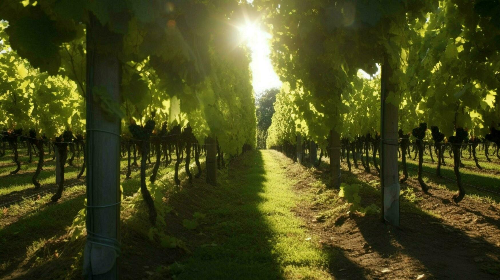 vineyard with wide rows of vines and sun shining photo